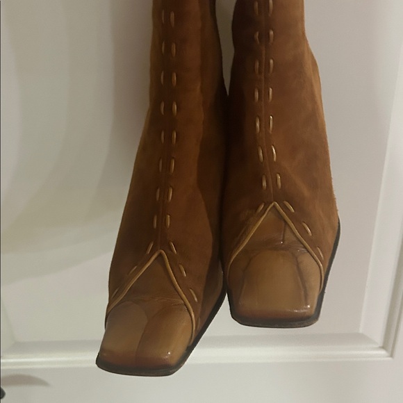 Made In Italy Camel Tan Brushed Suede and Leather High Calf Heeled Boots - Picture 14 of 14